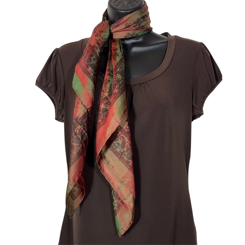 Vintage Square Scarf Brown Shimmer 34" Preppy Red Green Paisley Floral Print
